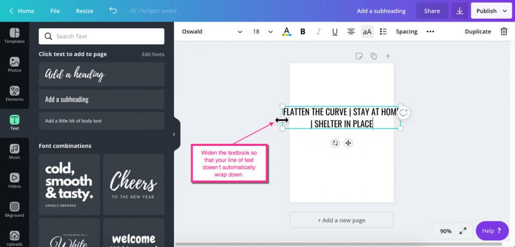 widen textbox in Canva to prevent text wrapping